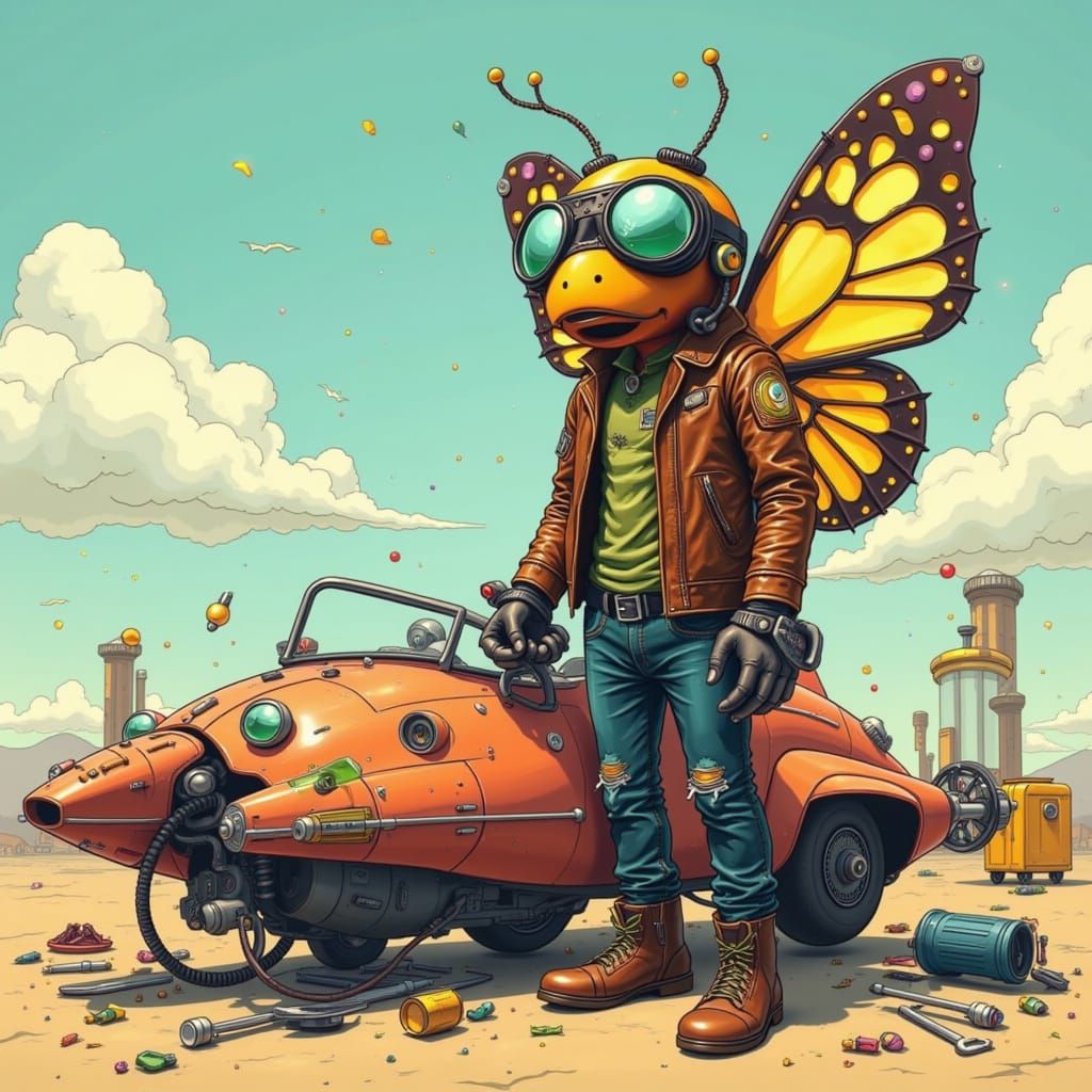 Confused Butterfly Mechanic with Broken Speed-Air Vehicle