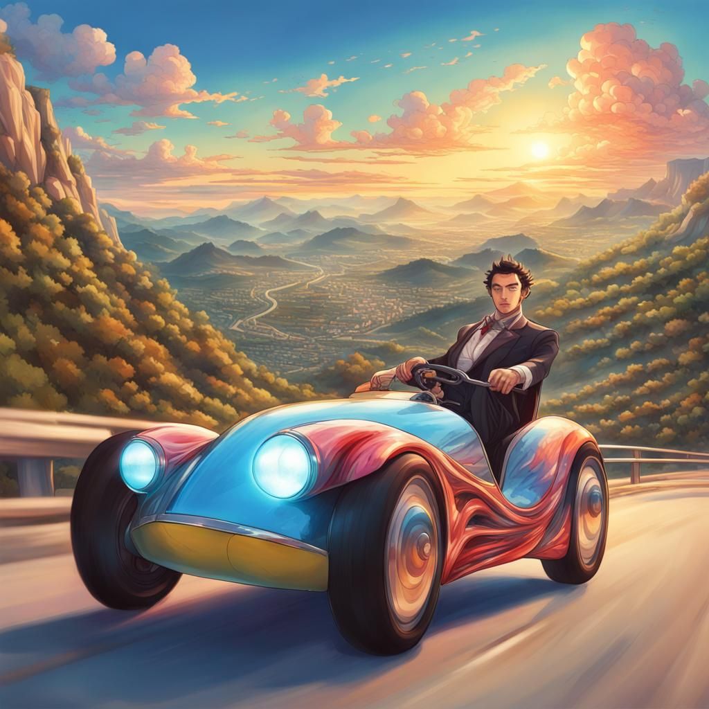 Giant Superhero Rides Miniature Car in Surreal Sunset