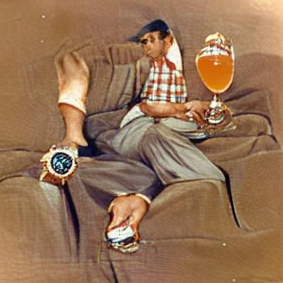 Man on Couch Checks Watch with Beer