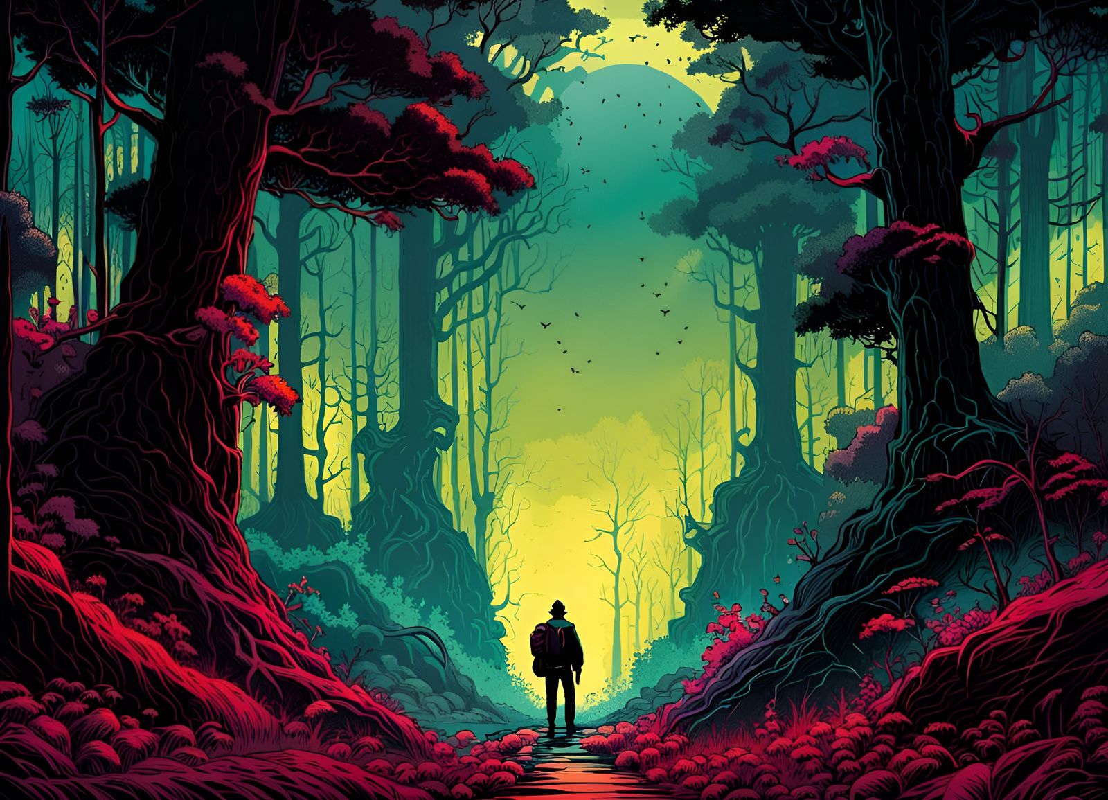 Psychedelic Crimson Forestscape in Comic Book Art Style