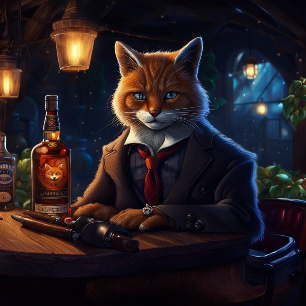 Gangster Cat and Fox at Bar in Detailed Painting