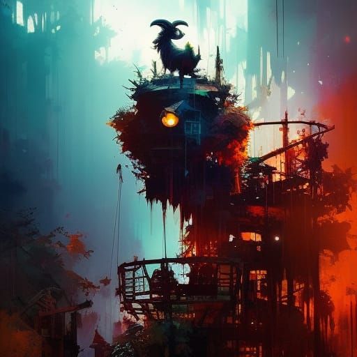 Chibi Demon-Ghost-Monkey Climbs Haunted Treehouse, Oil on Ca...