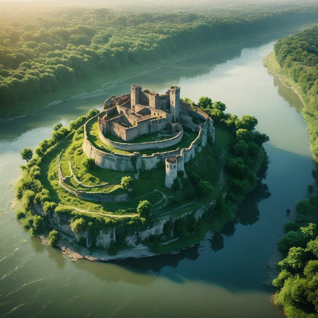 Romanesque Fortress on the Danube River in Golden Light