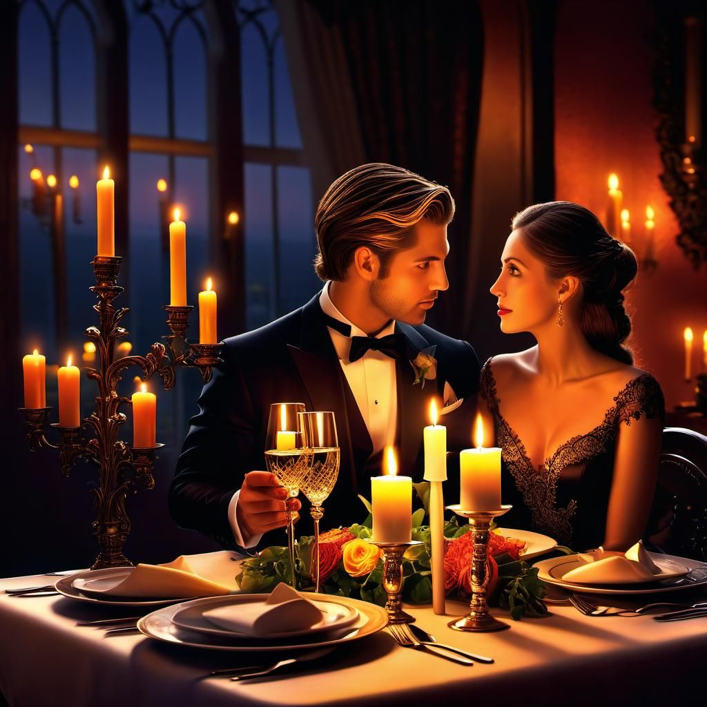 Romantic Candlelit Dinner for Two: Hyperrealistic Illustrati...