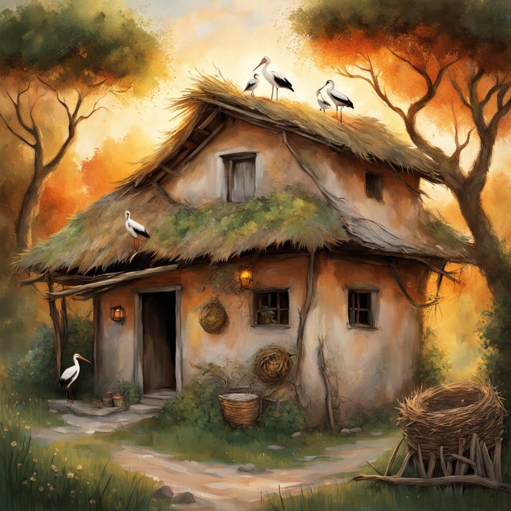 Whimsical Village Scene with Storks and Thick Brushstrokes