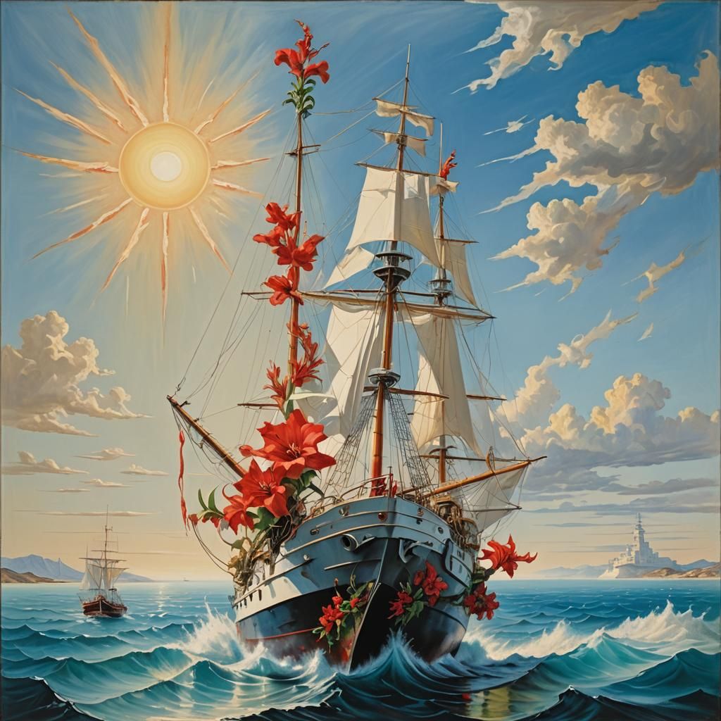 Surreal Corvette Ship with Gladioli in Dali Style