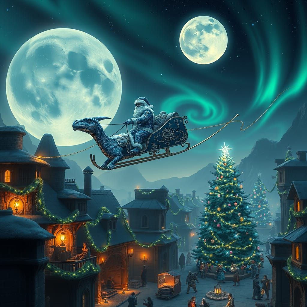 Cyber Santa Claus Soars Through Ancient City in Shimmering B...
