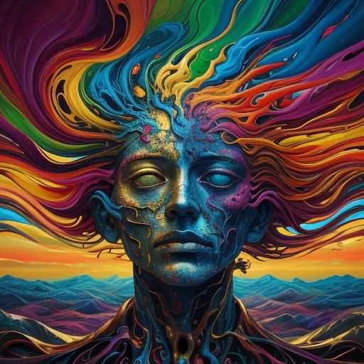 Surreal Figure Emerging from Chaos: Vibrant Oil Painting