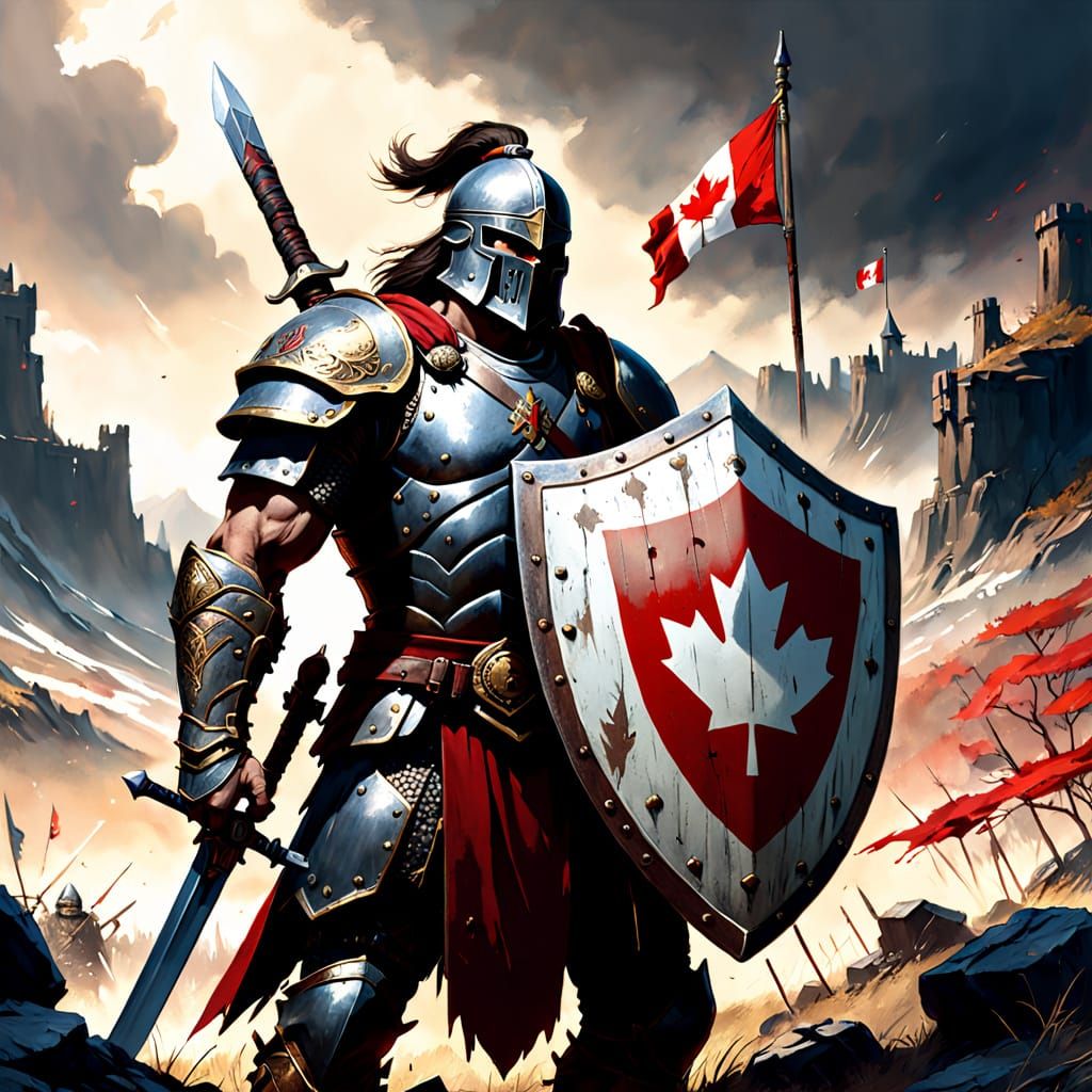 Epic Warrior with Canadian Shield in Fantasy Art Style
