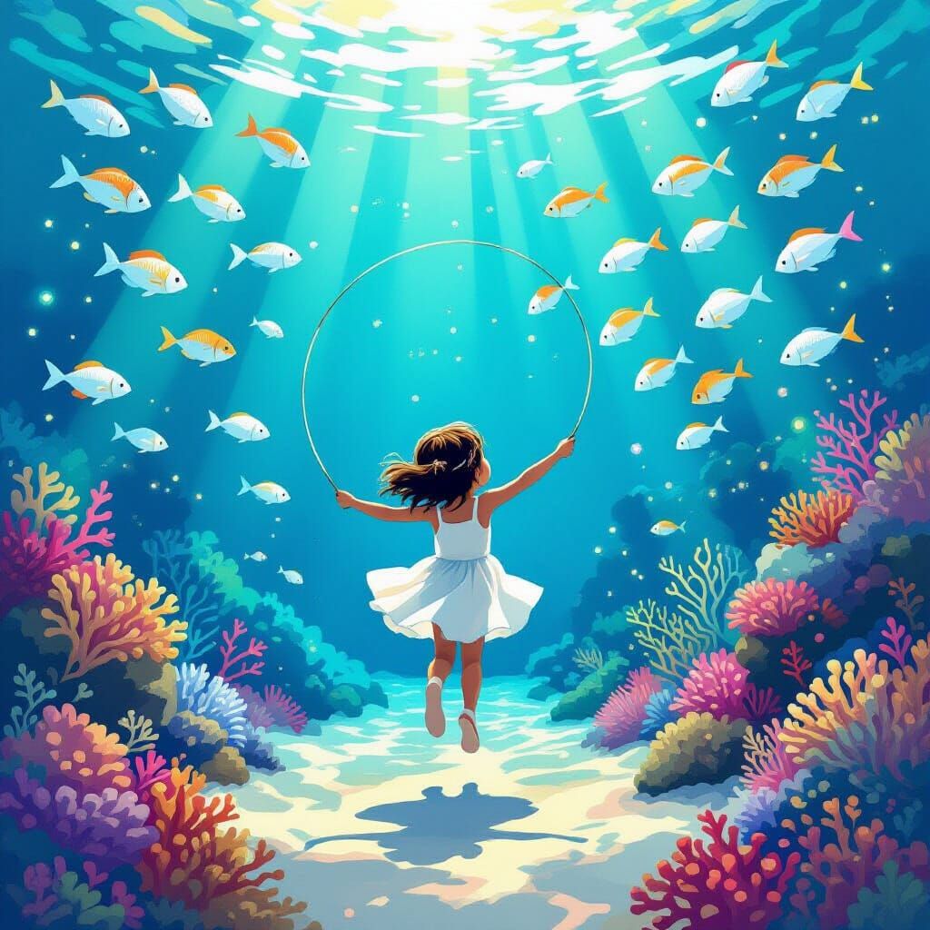 Child Jumps Rope Amidst Tropical Fish on Coral Reef