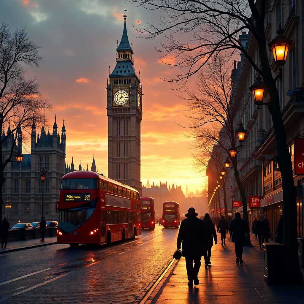 London Street at Sunset in Impressionistic Style