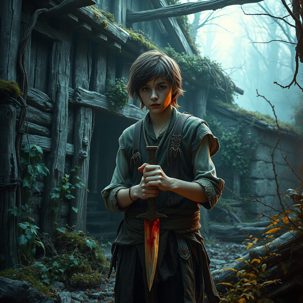 Young Warrior Stands Amidst Ruins of Mystical Cottage