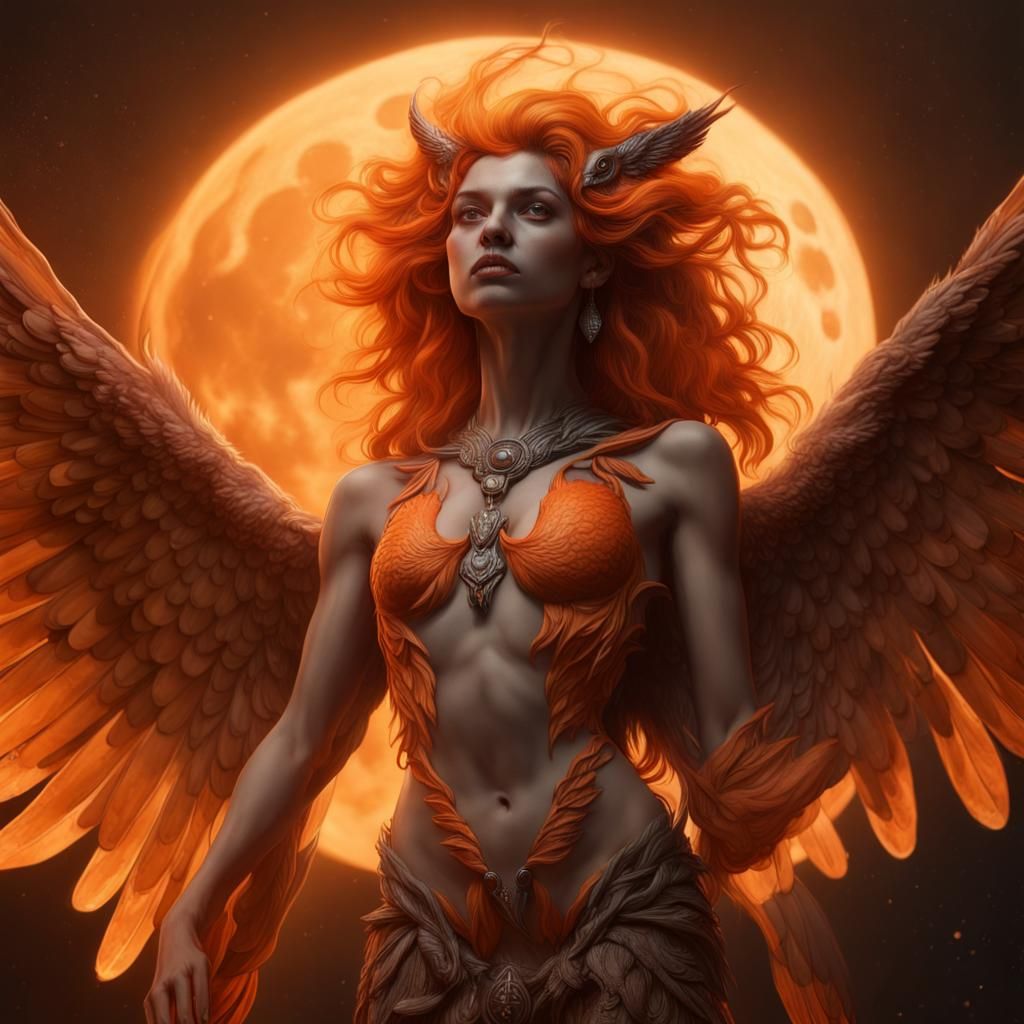 Hyperrealistic Orange Harpy Under Full Moon