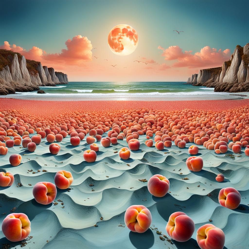 A beach made of peaches, surrealism