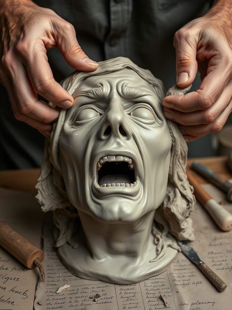 Expressive Clay Face Sculpture in Progress