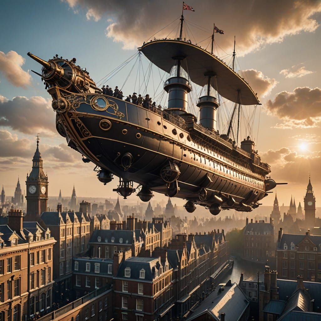 Victorian Steampunk Warship Soars Above London