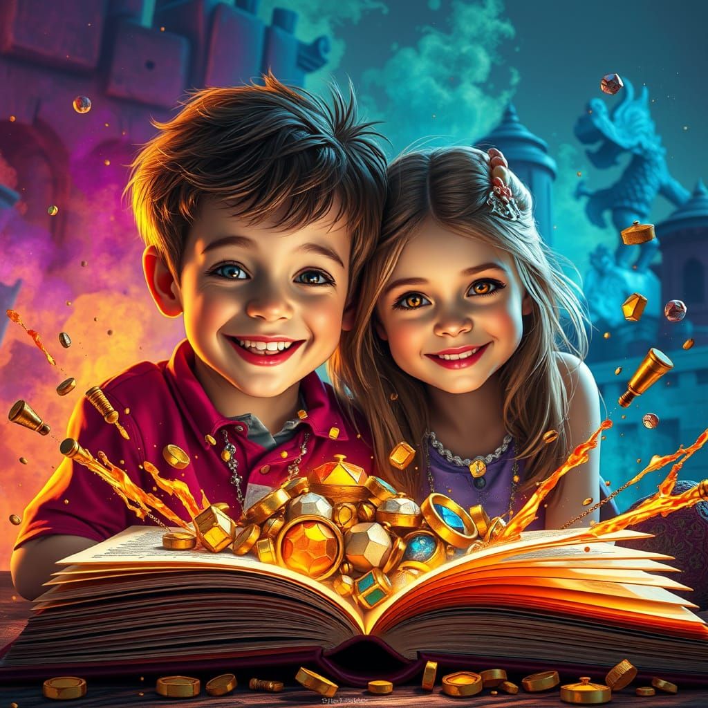 Children Discovering Book Treasure, Hyperrealistic Art