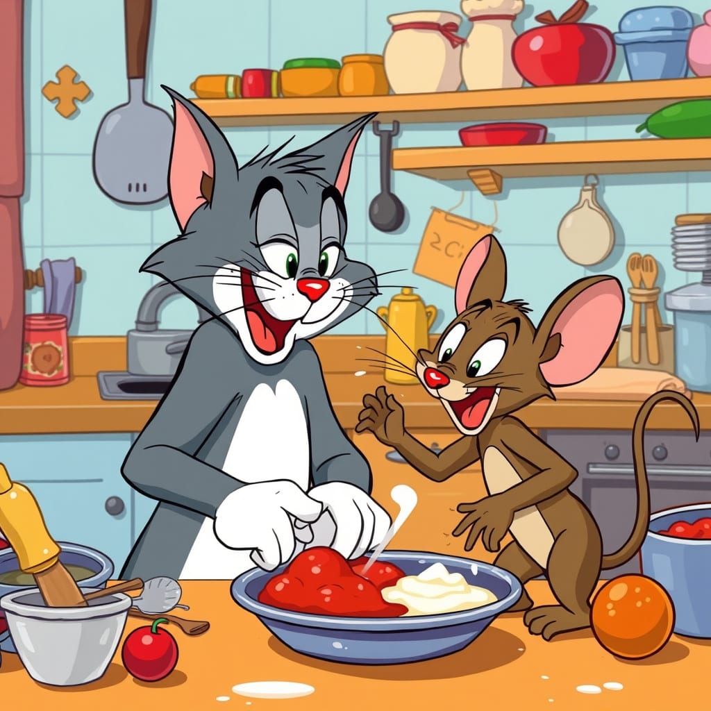 Tom and Jerry's Whimsical Cooking Chaos in a Colorful Kitche...