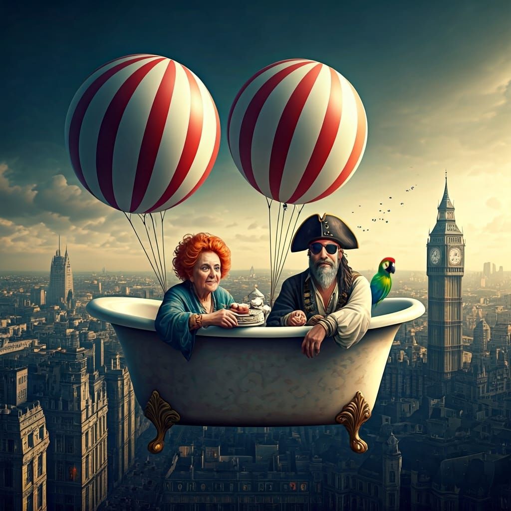 Pirate Tea Party Over London in Watercolor Style