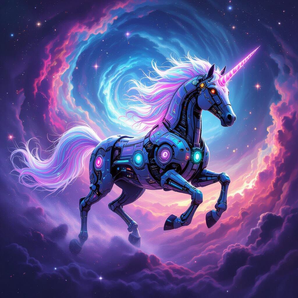 Cybernetic Unicorn in Cosmic Nebula