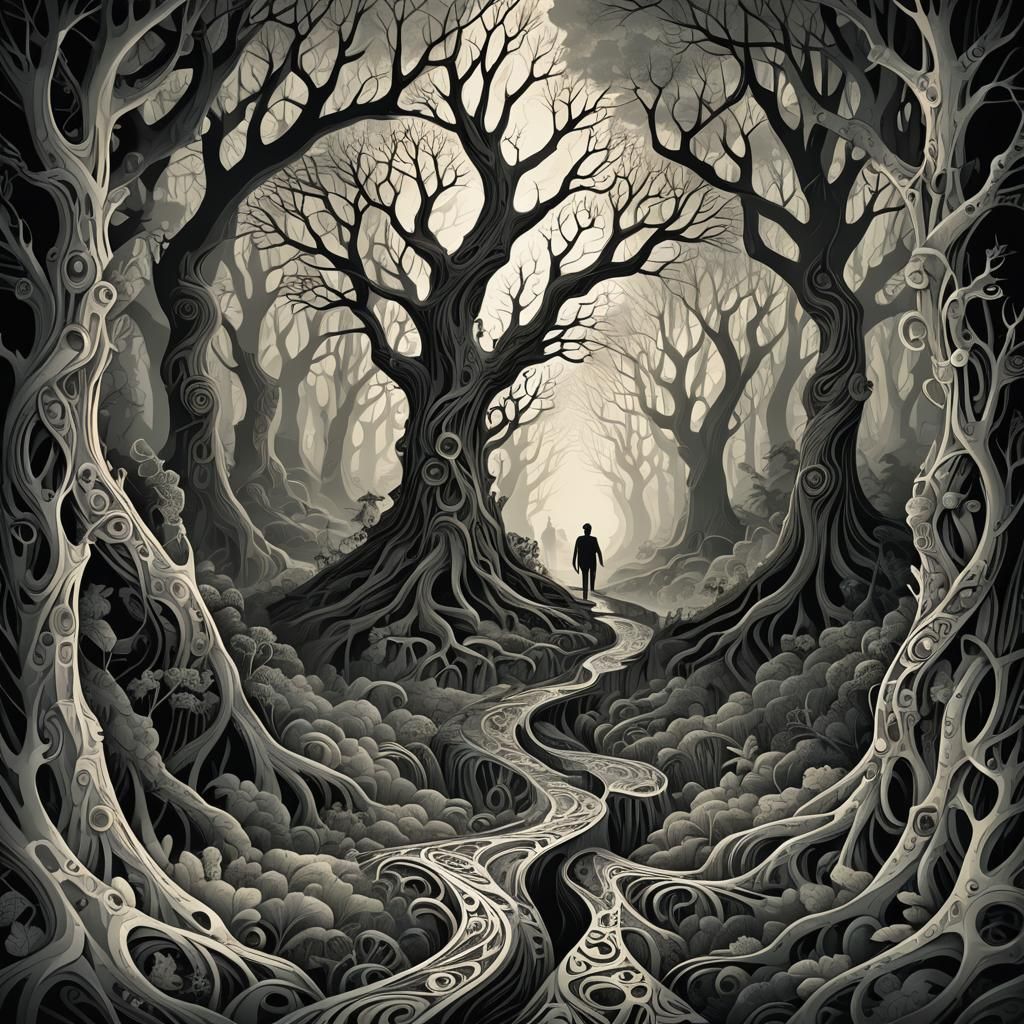 Mystical Crossroads: Figure Torn in Fractal Forest