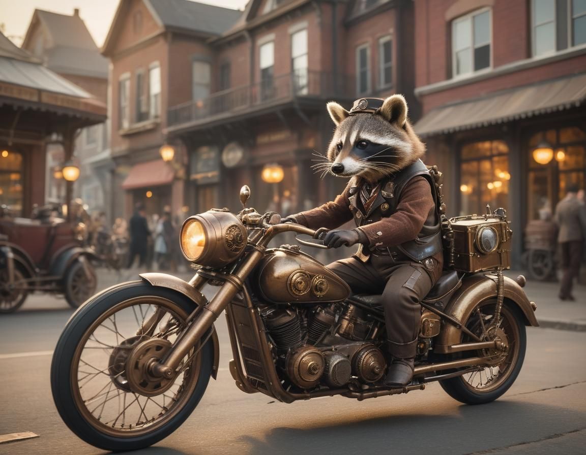 Raccoon Rides Steampunk Motorcycle at Sunset