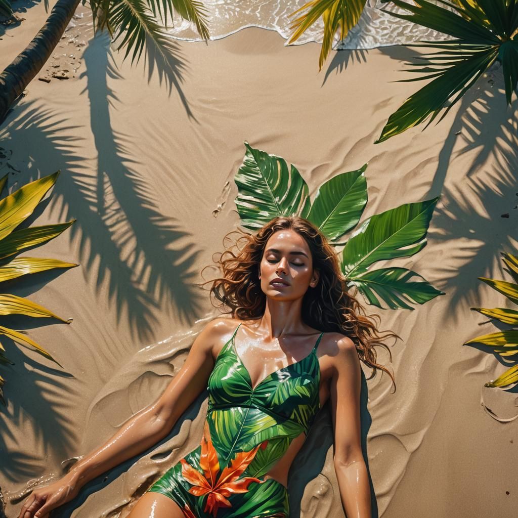 Glowing Woman on Tropical Beach in Surrealist Oil Painting