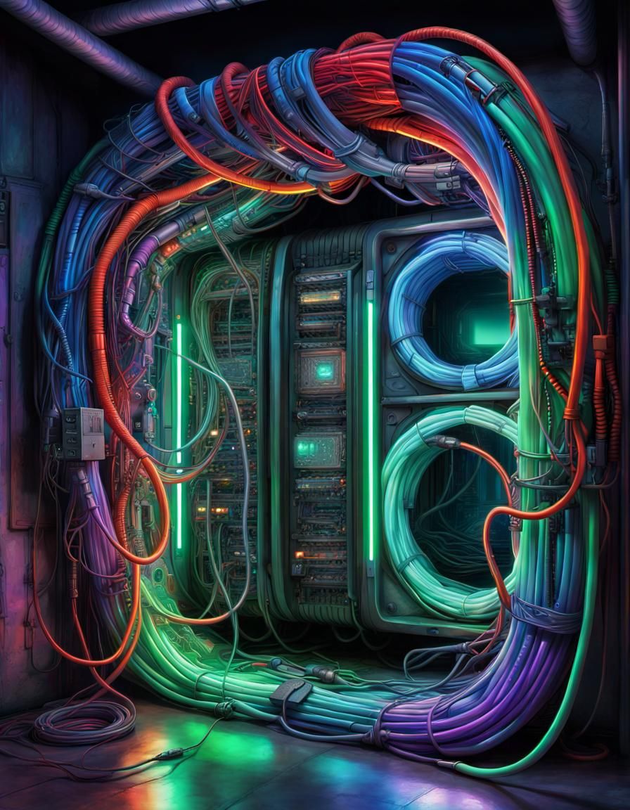 Sci-Fi Portal with Tangled Neon Data Cables