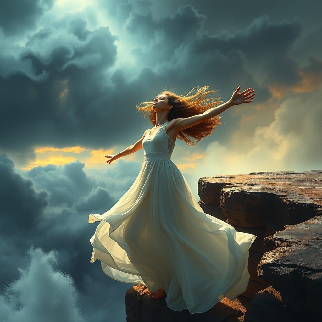 Ethereal Storm Goddess Embracing Turbulent Skies