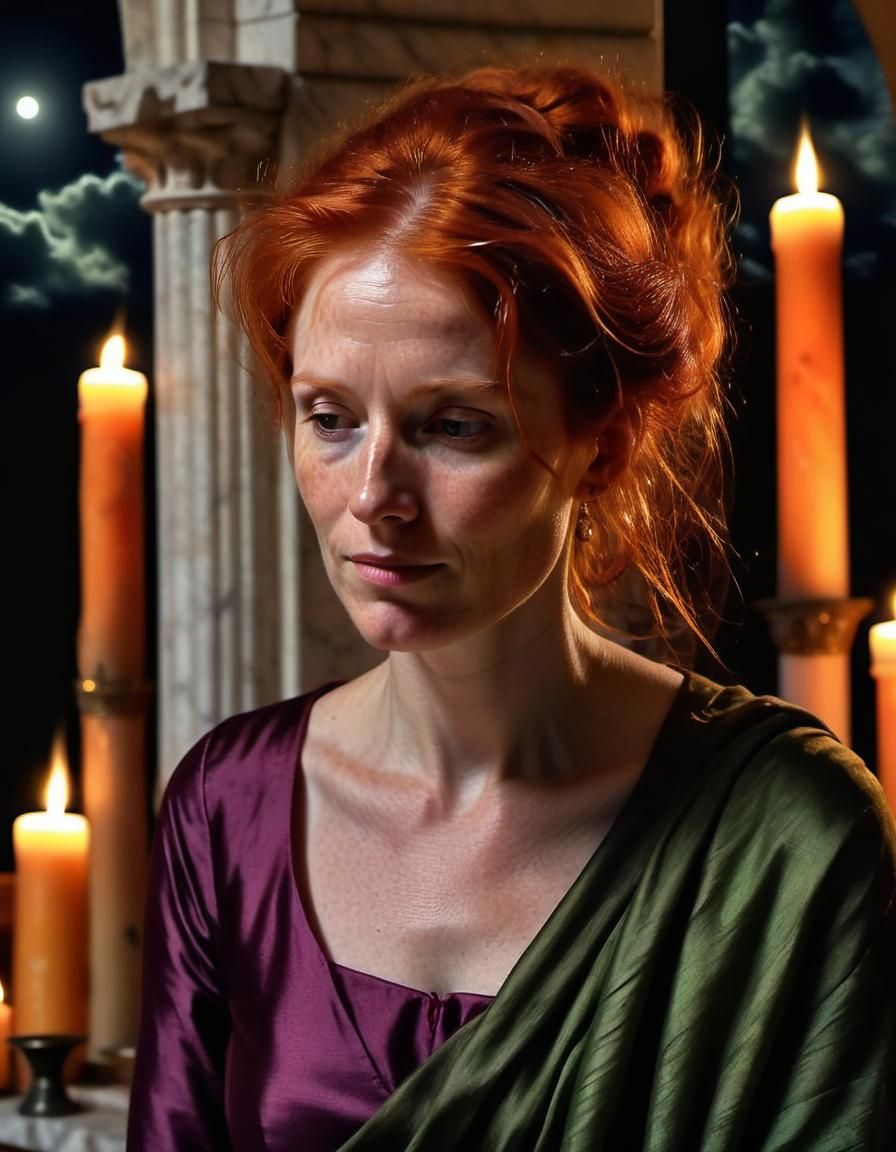 Renaissance Chiaroscuro: Redhead at Altar in Starlight