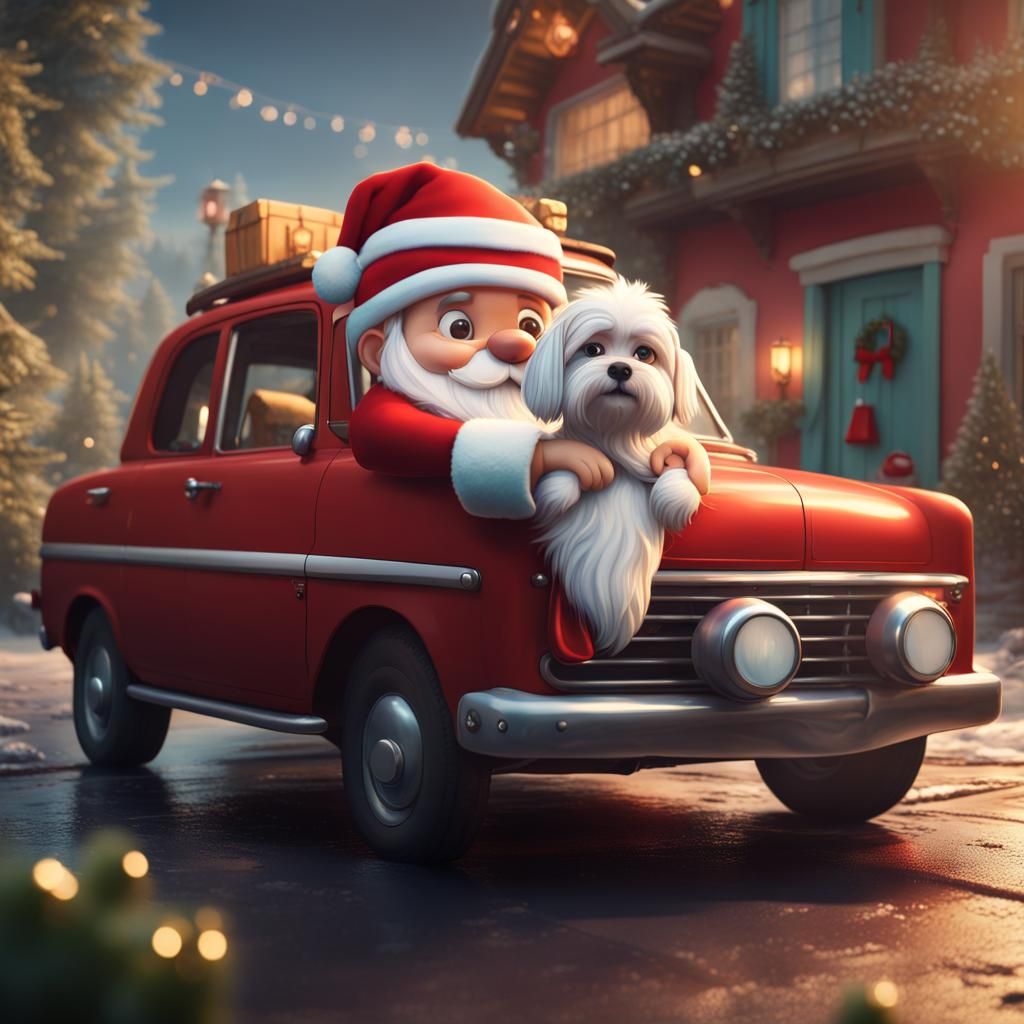 Santa in Swimming Trunks with Dog, Detailed Cartoon