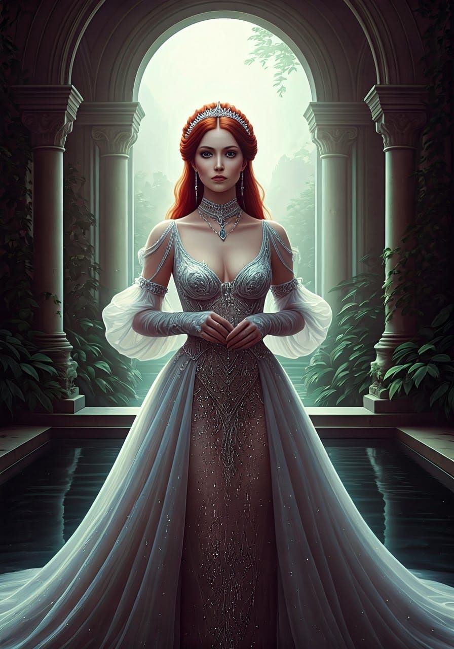 A stunning woman stands in a grand indoor setting, illuminated by soft beams of light filtering through a distant window...