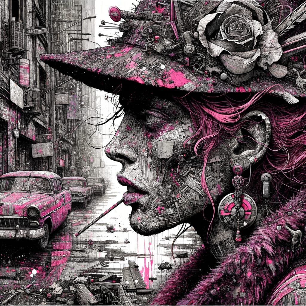 Pink Witch Kissing in Shadowy Urban Street