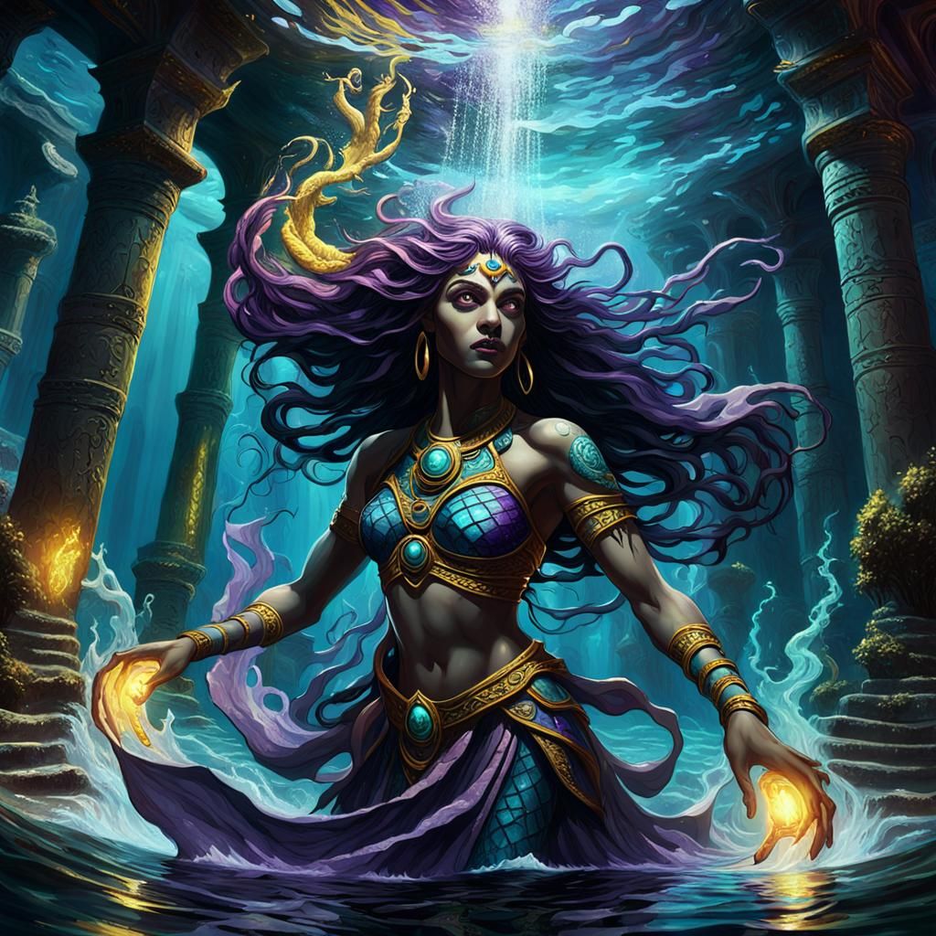 Mystical Water Djinn in Underwater Temple: Fantasy Art
