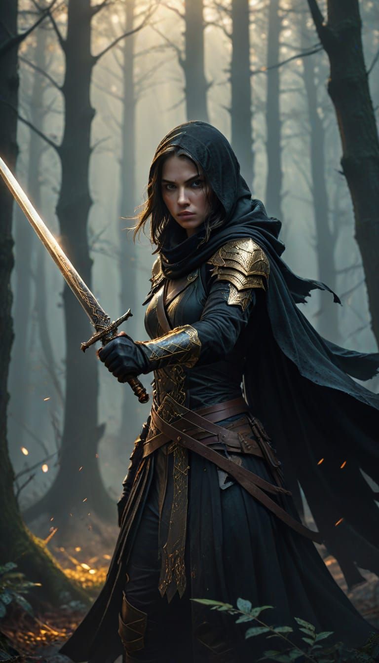 Fearsome Female Assassin in Misty Forest: Fantasy Art