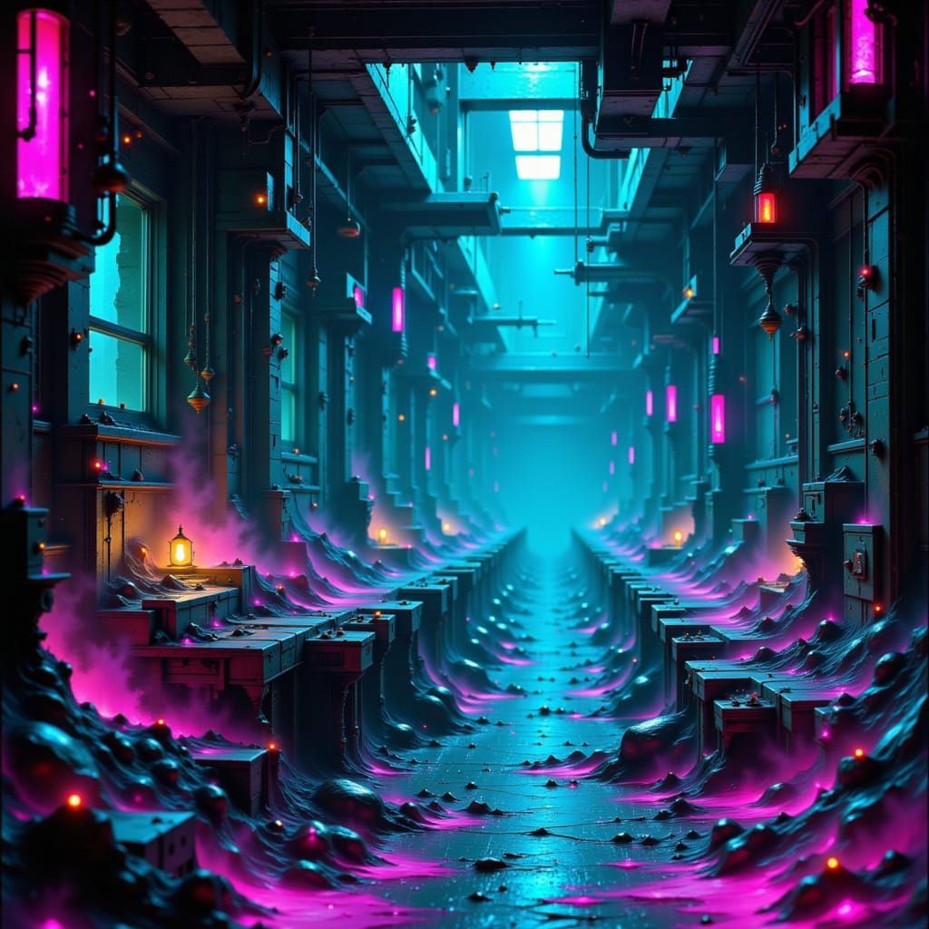 Glowing Phosphorous Elements in Neon-Lit Laboratory