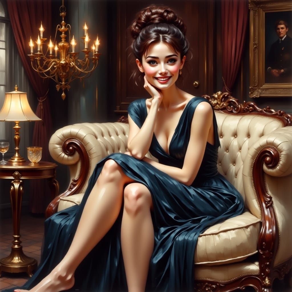 Elegant Audrey Hepburn in Luxurious Nightgown, Surrounded by...