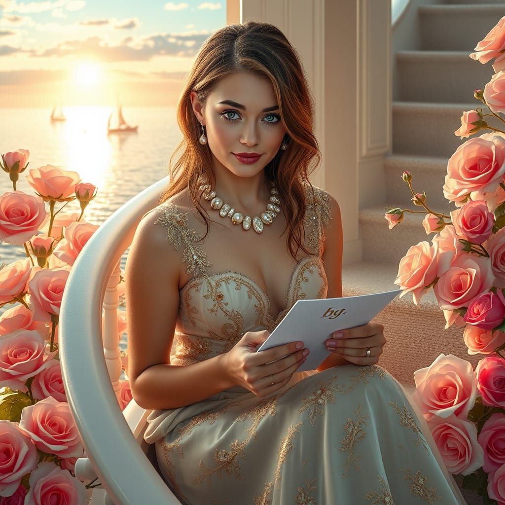 A Young Woman in Luxurious Splendor with Vibrant Flowers and...