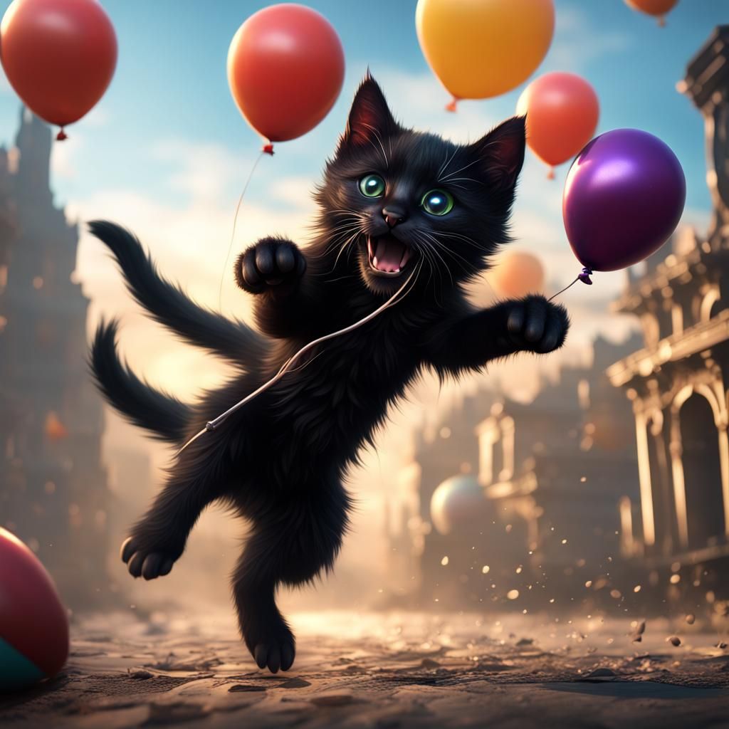 Black Kitten Attacks Balloon in Detailed Matte Painting