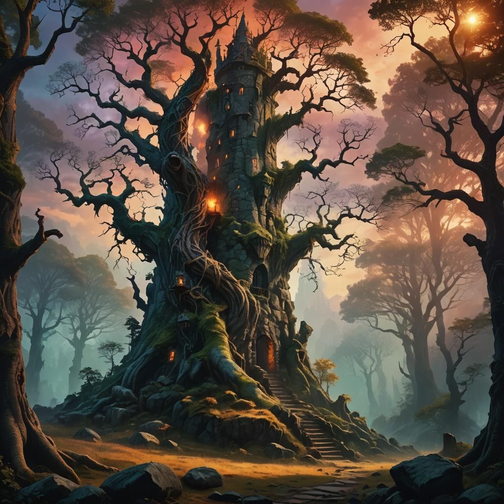 Mystical Wizard Tower in Ancient Forest: Digital Art