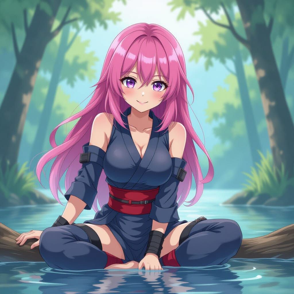 Pink-Haired Ninja Woman in Watercolor Style