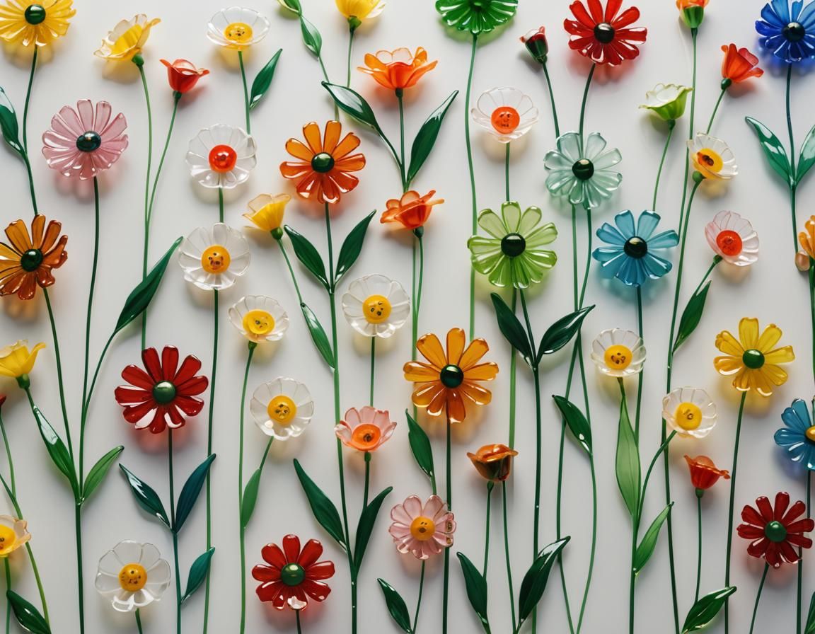 Delicate Enamel Painted Glass Flowers Still Life