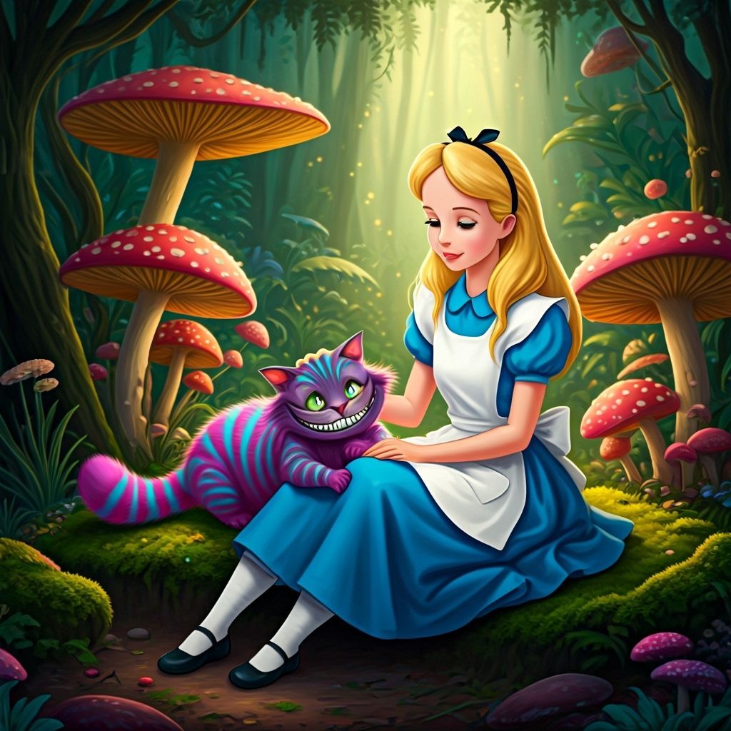 Alice Petting Glowing Cheshire Cat in Enchanted Garden