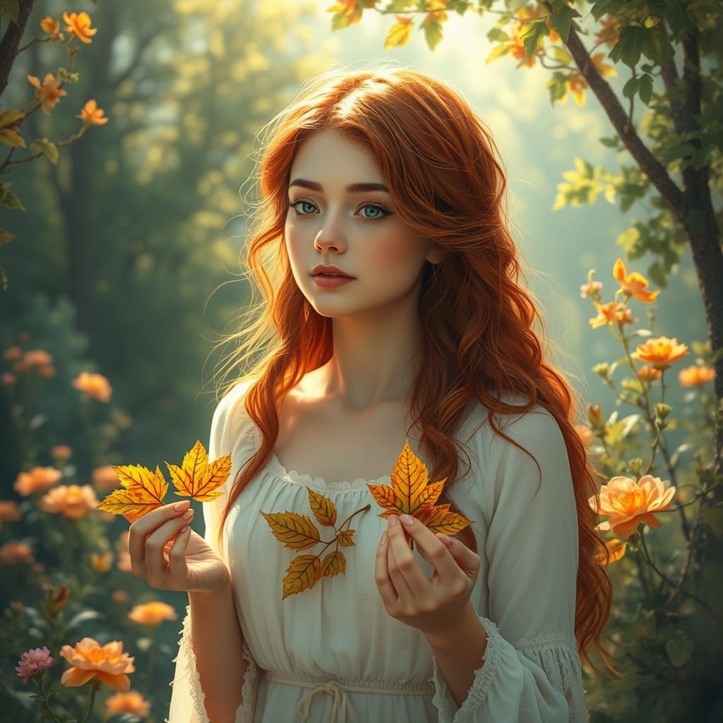 Ethereal Woman with Clover in Fantasy Landscape