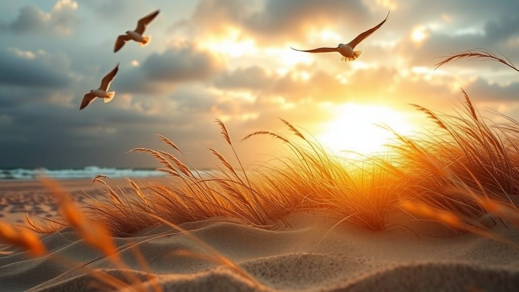 Windswept Beach with Golden Grass and Gulls