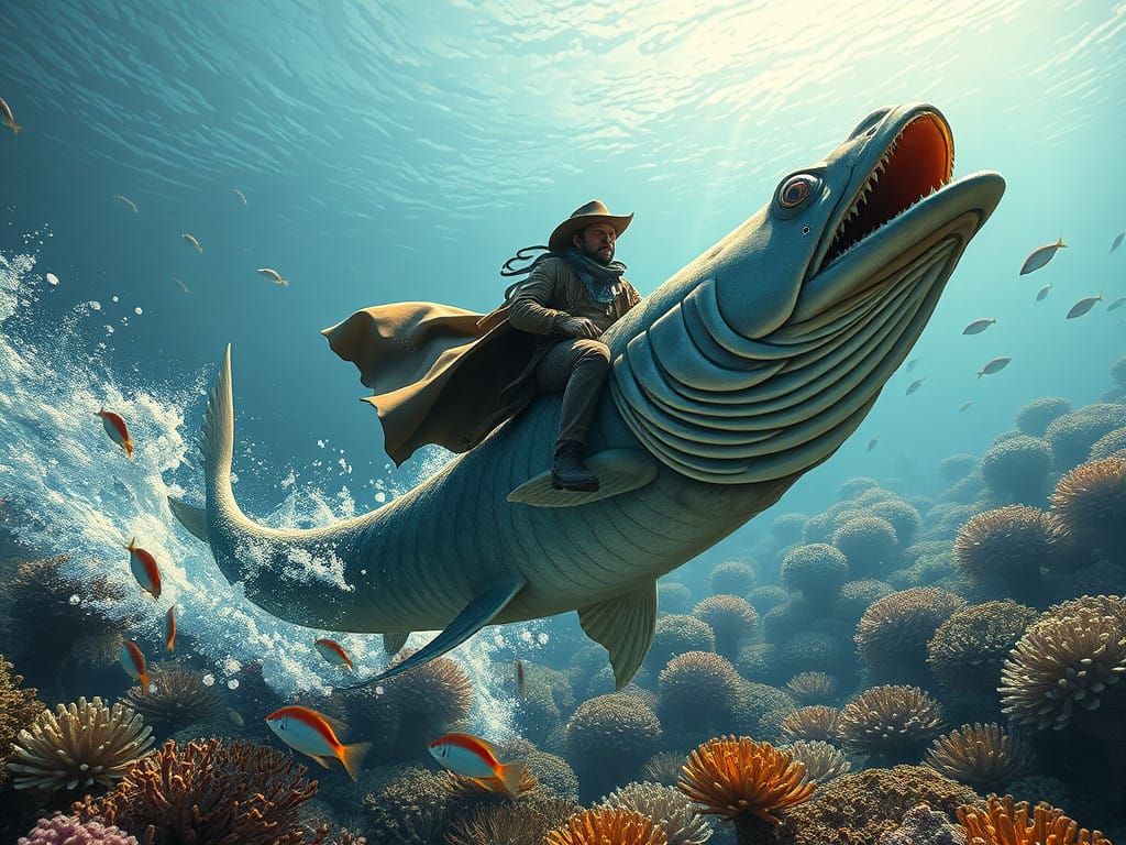 Underwater Cowboy Rides Serpentine Fish Through Coral Reef