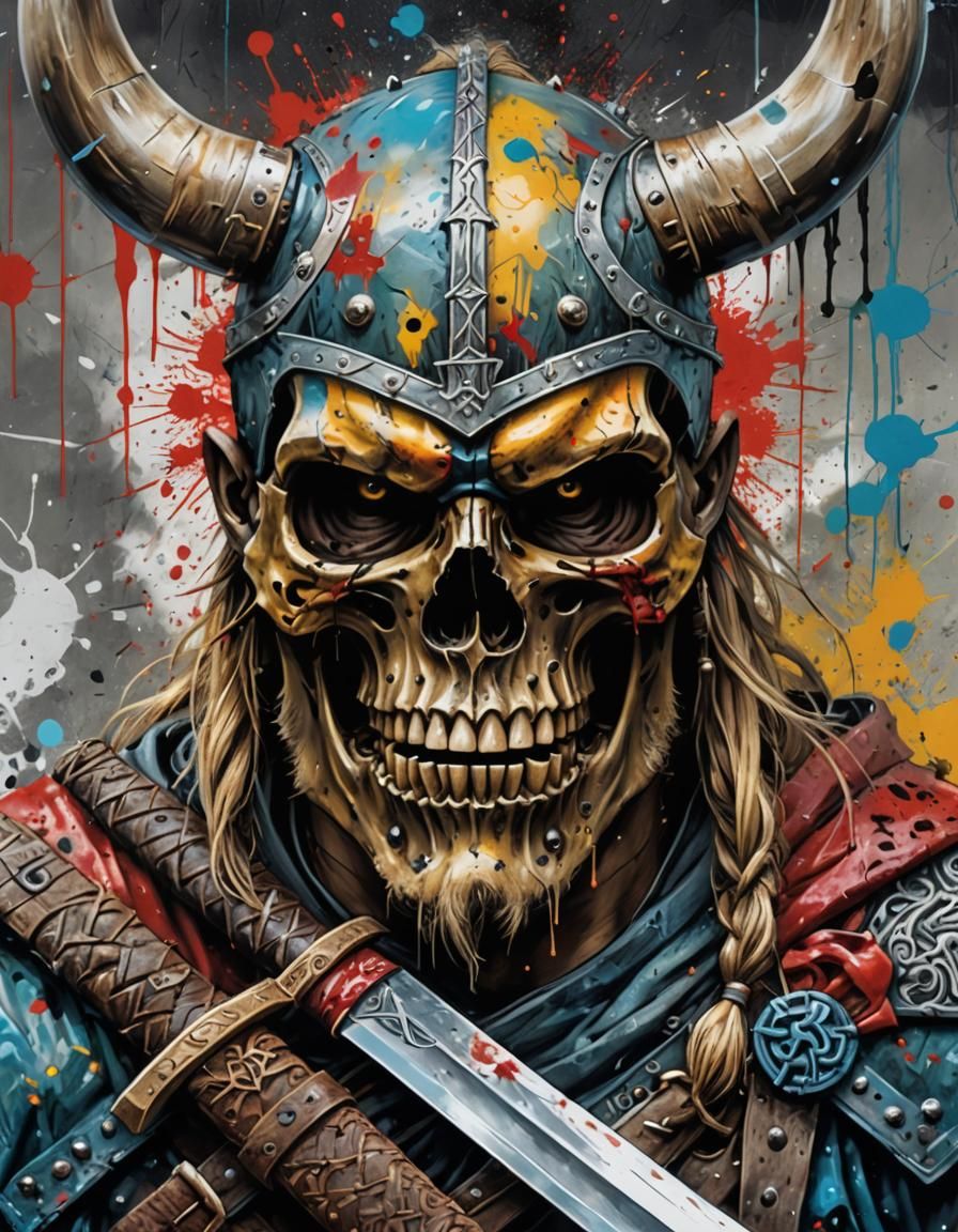 Viking Skull Samurai in Graffiti Street Art