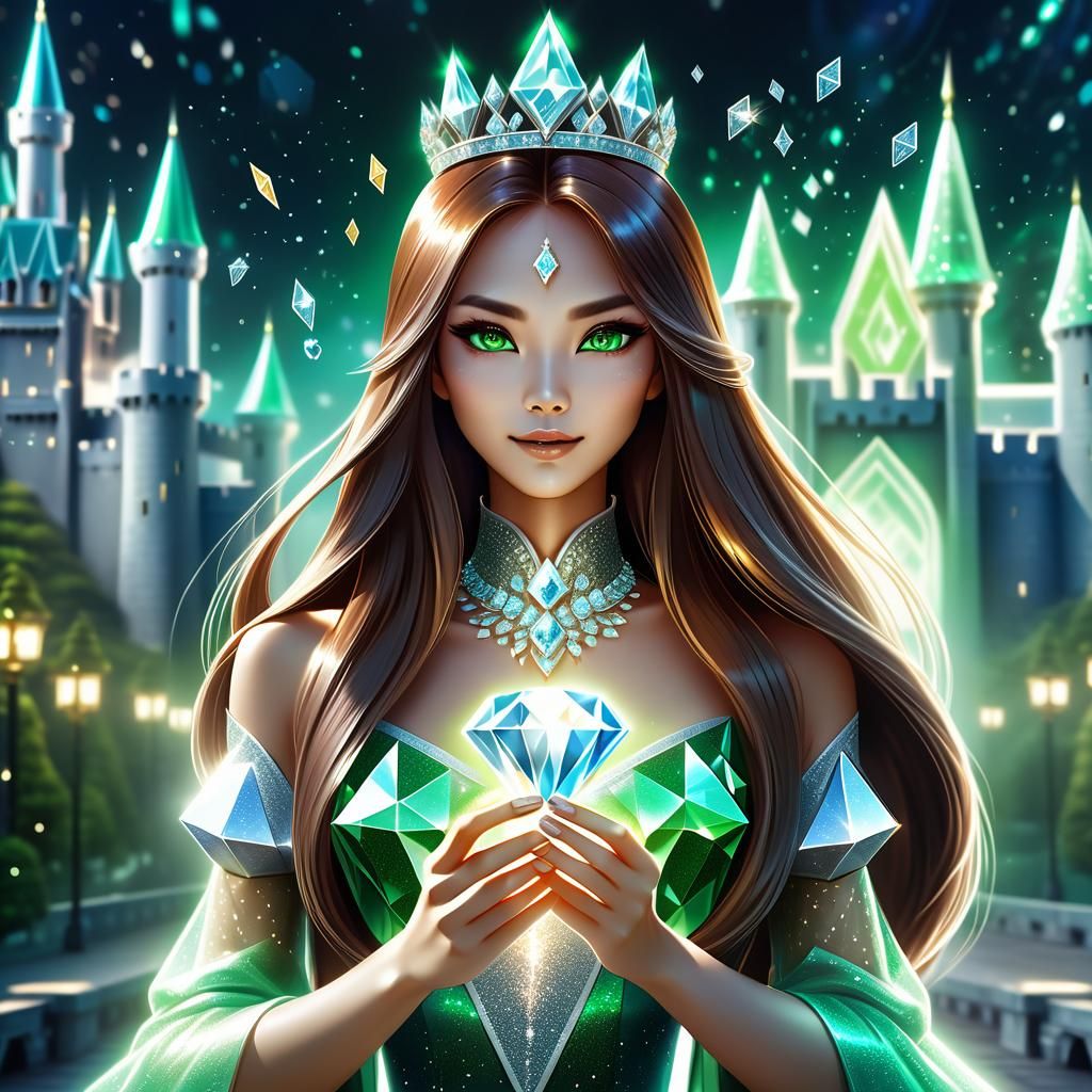 A beautiful girl as the diamond queen holding a diamond