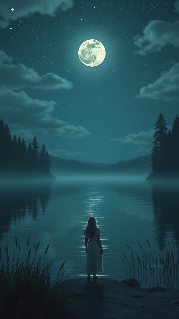 Ethereal Moonlit Woman on Shoreline Digital Art