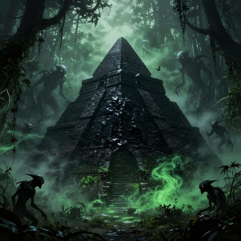 Colossal Black Pyramid in Misty Jungle with Shadow Creatures